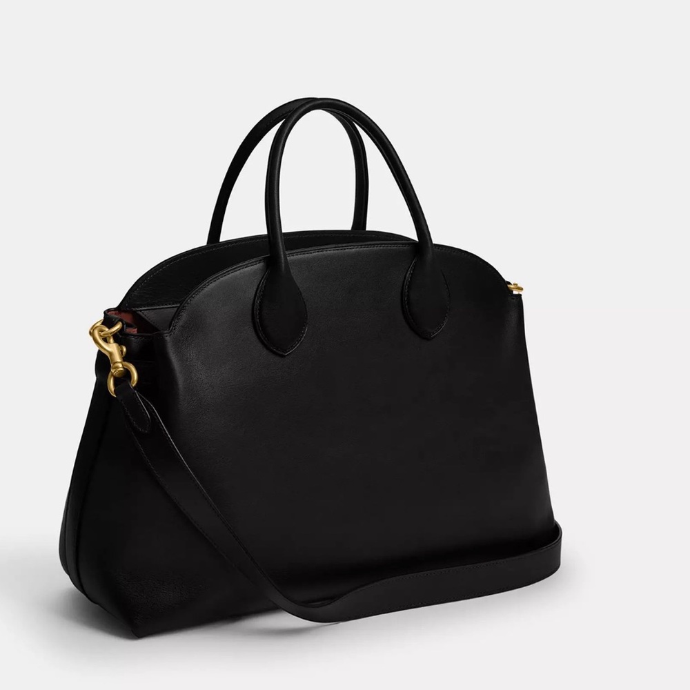 Coach Soft Empire Carryall Bag 40 Black Leather Satchel with Gold Accents - Picture 2 of 8